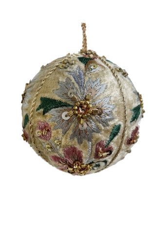 Large Crochet Flowered Velvet Ball Ornament in Cream