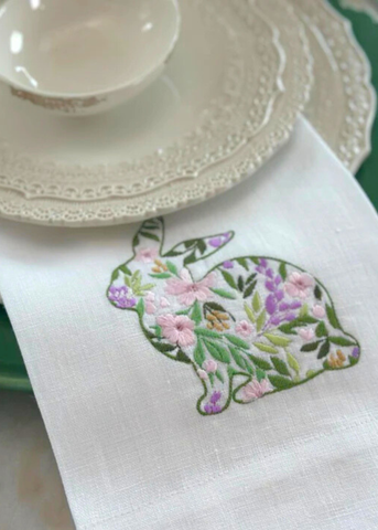 Garden Bunny Embroidered Linen Tea Towel