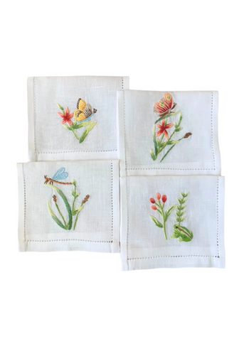 Hand Embroidered Garden Cocktail Napkin