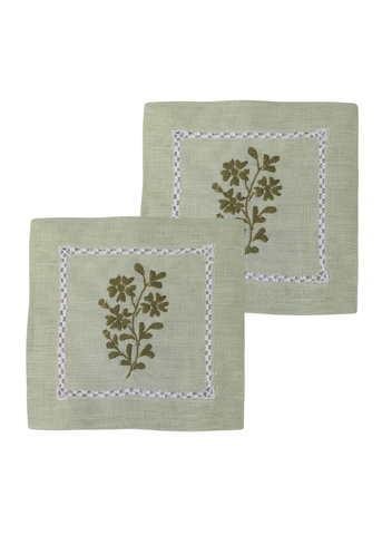 Green Garden Sprig Hand Embroidered White Linen Cocktail Napkin