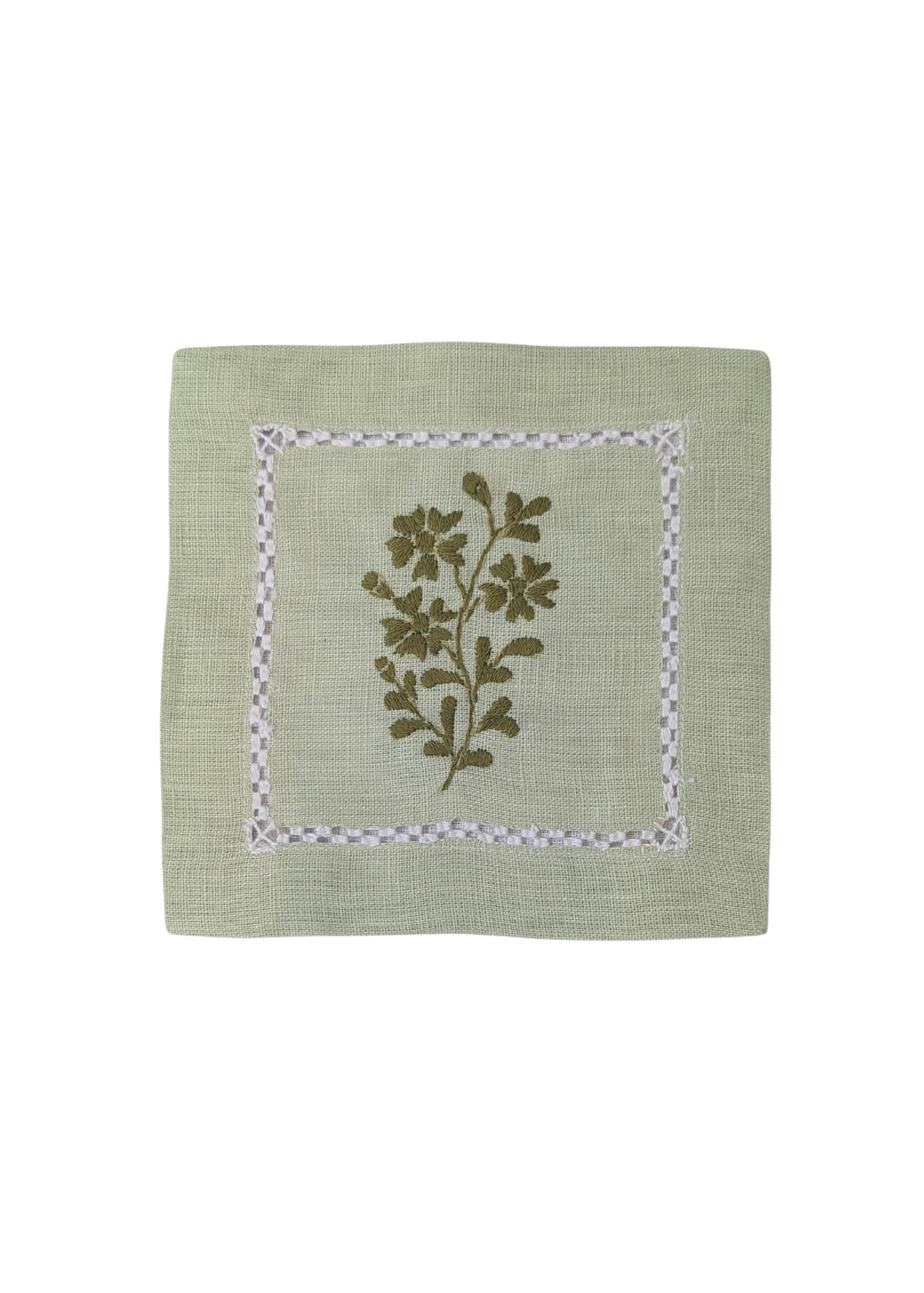 Green Garden Sprig Hand Embroidered White Linen Cocktail Napkin