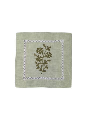 Green Garden Sprig Hand Embroidered White Linen Cocktail Napkin