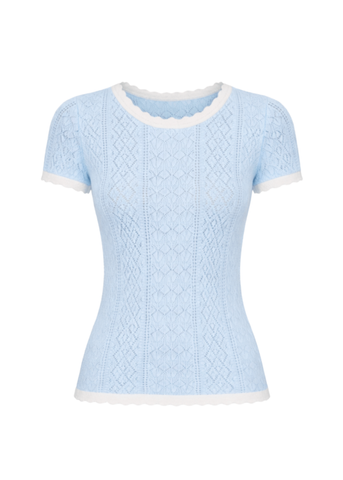 Georgia Short Sleeve Scallop Edge Knit Top in Blue
