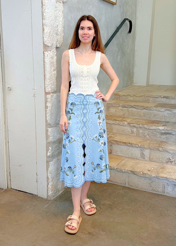 Audra Embroidered Midi Skirt in Blue