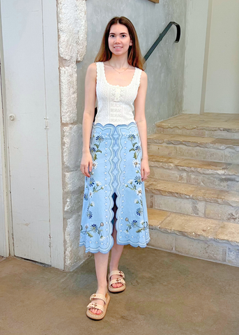 Audra Embroidered Midi Skirt in Blue