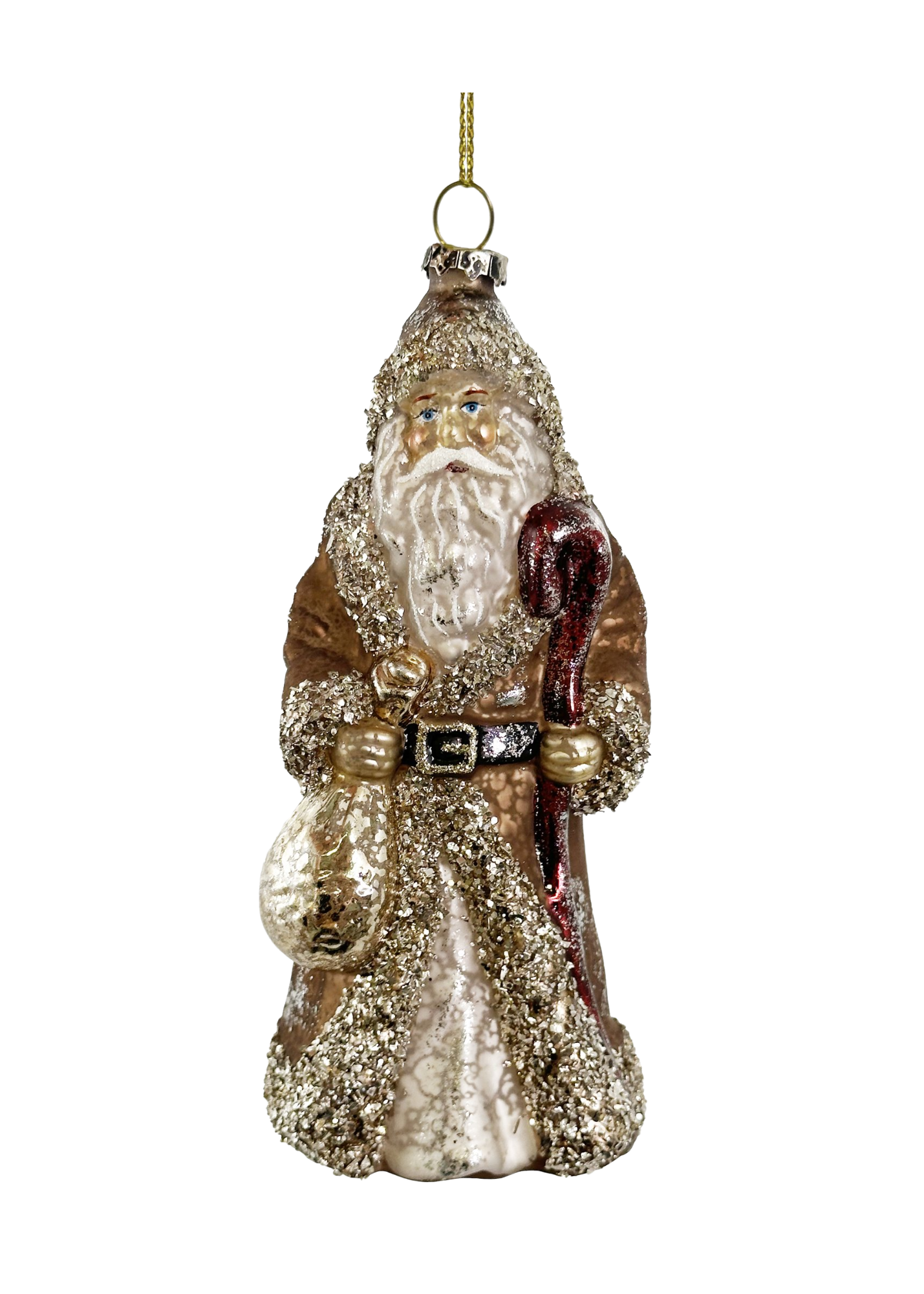 Glittered Santa Glass Ornament in Aged Brown Silver
