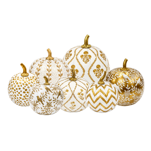 Hand Painted Metal Pumpkin Collection in White + Gold