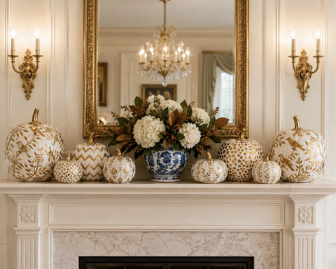 Hand Painted Metal Pumpkin Collection in White + Gold
