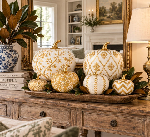 Hand Painted Metal Pumpkin Collection in White + Gold