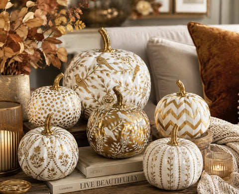 Hand Painted Metal Pumpkin Collection in White + Gold