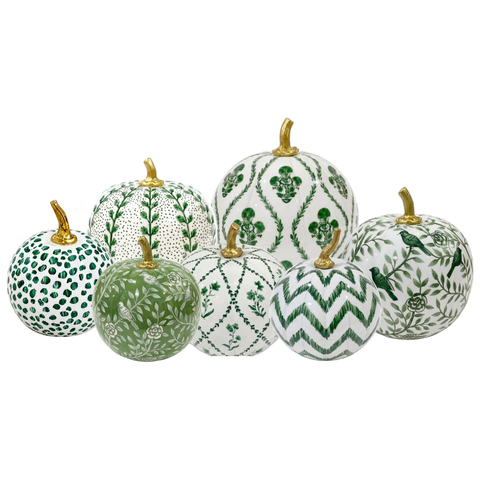 Hand Painted Metal Pumpkin Collection in White + Green