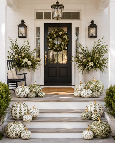 Hand Painted Metal Pumpkin Collection in White + Green