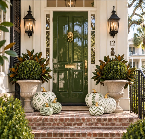 Hand Painted Metal Pumpkin Collection in White + Green