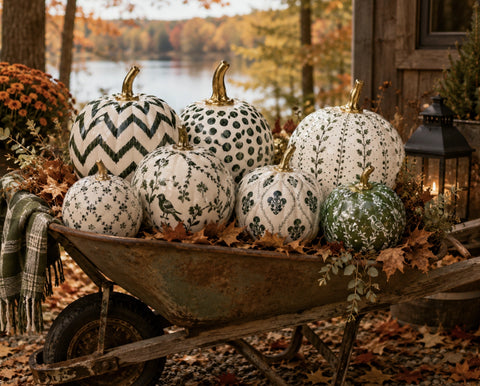 Hand Painted Metal Pumpkin Collection in White + Green
