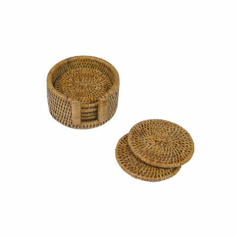 Rattan Round Coaster Set In Honey Brown