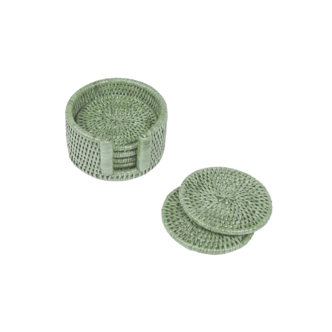 Rattan Round Coaster Set In Celadon