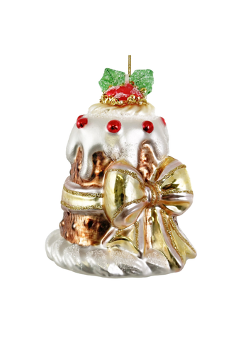 Tied with a Bow Christmas Cake Painted Glass Ornament in Gold