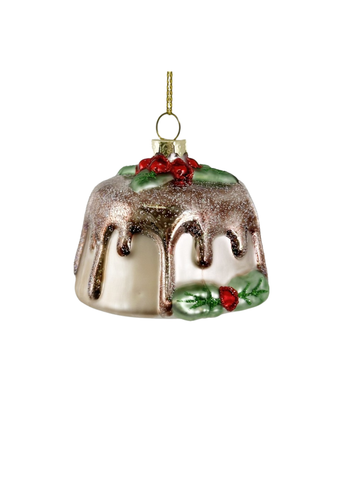 Holly Topped Christmas Pudding Painted Glass Ornament in Beige