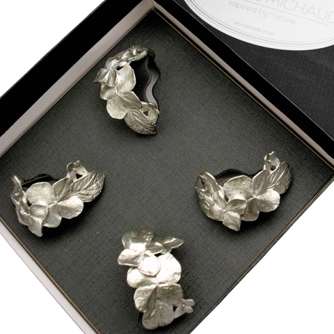 Hydrangea Metal Napkin Rings in Pewter