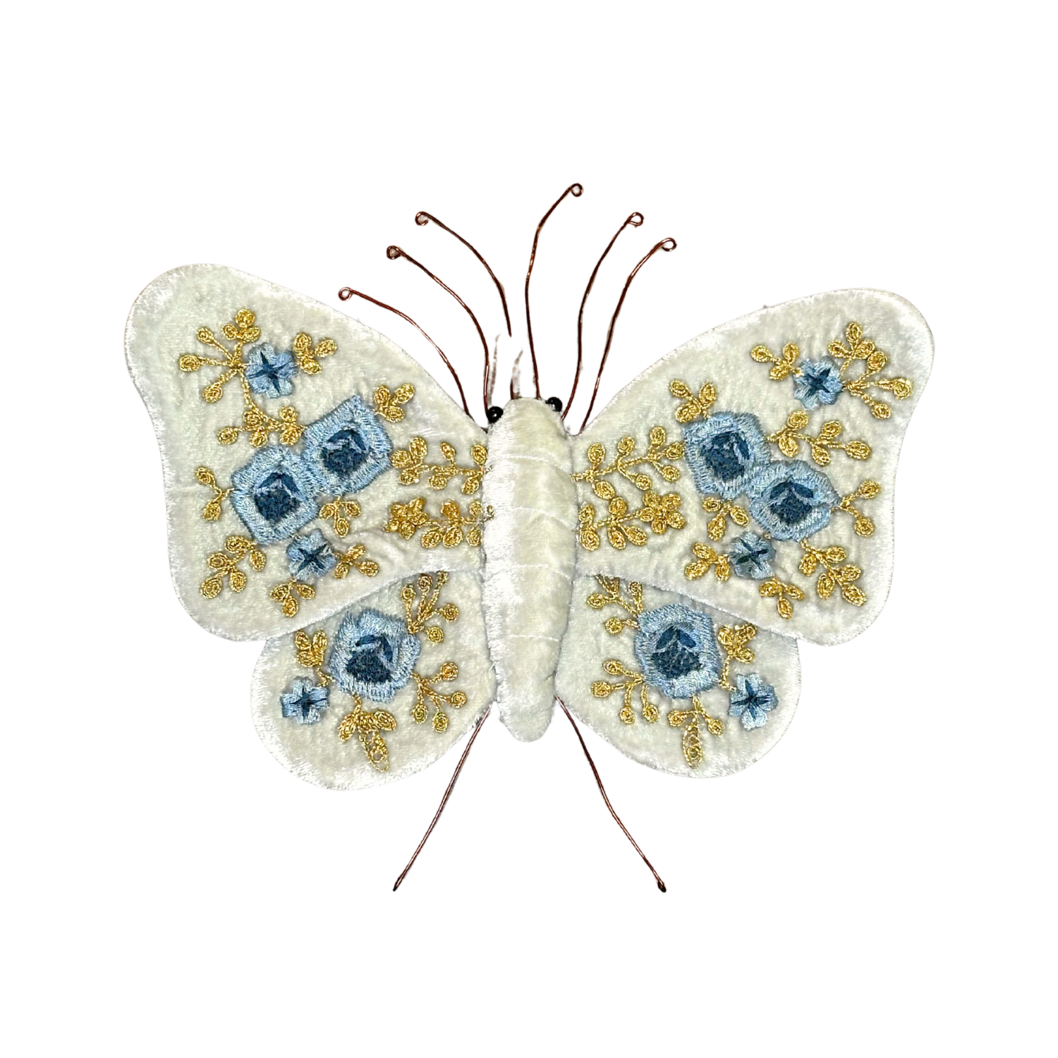 Miranda Blue + Gold Embroidered Silk Velvet Butterfly in Ice Blue