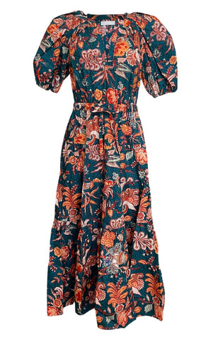 Olina Puff Sleeve Midi Dress in Delphinium