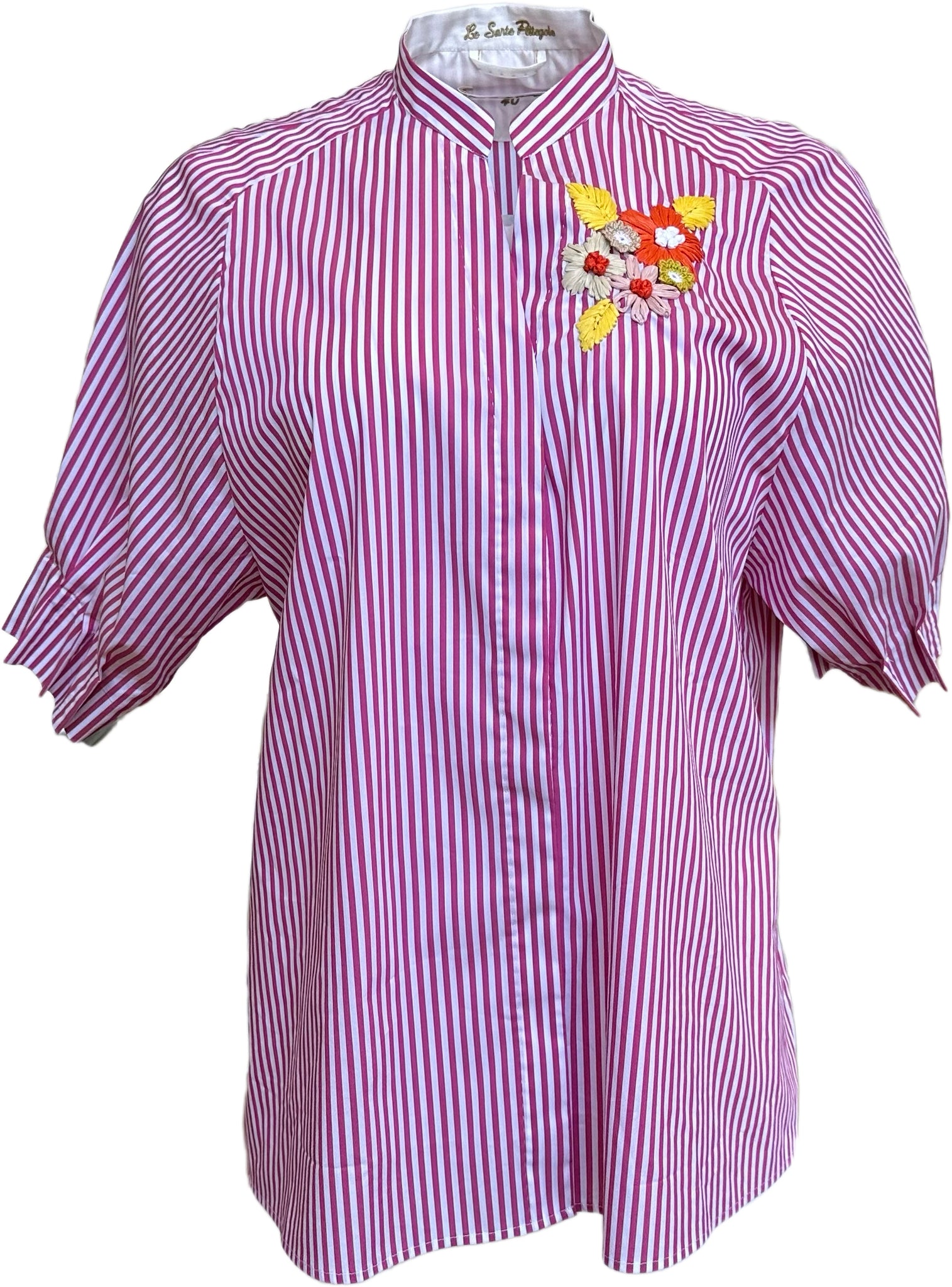 Striped Half Sleeve Blouse with Raffia Floral Embroidery in Berry