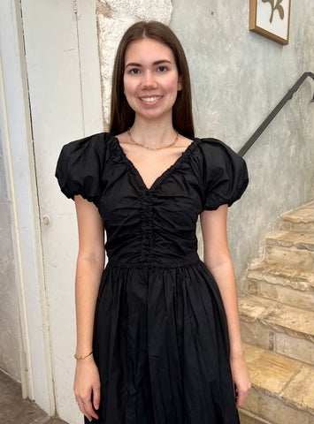 Cecile Puff Sleeve Midi Dress in Noir