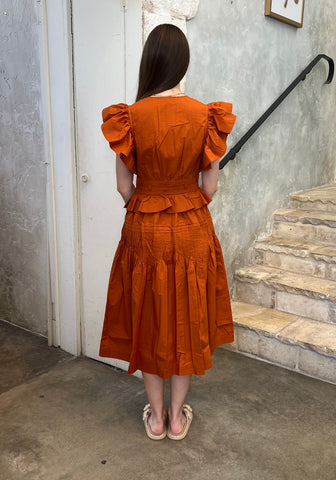 Florence Flutter Sleeve Midi Dress in Saffron