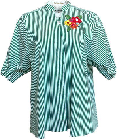 Striped Half Sleeve Blouse with Raffia Floral Embroidery in Emerald