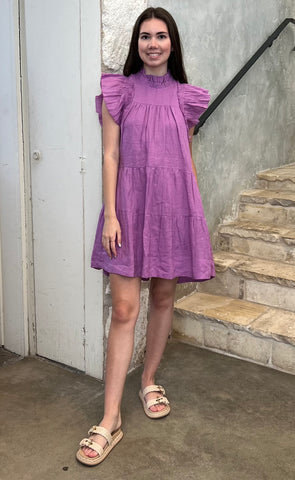 Micah Solid Ramie Flutter Sleeve Dress in Lavender