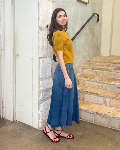 Imara Soft Mesh Stitch Short Sleeve Knit Top In Turmeric