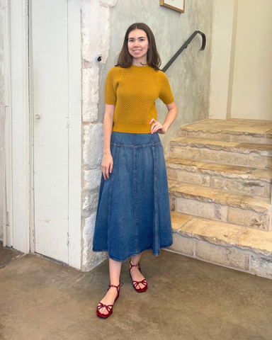 Imara Soft Mesh Stitch Short Sleeve Knit Top In Turmeric