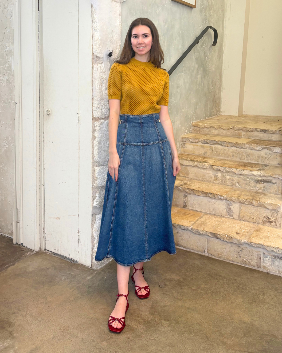 Imara Soft Mesh Stitch Short Sleeve Knit Top In Turmeric