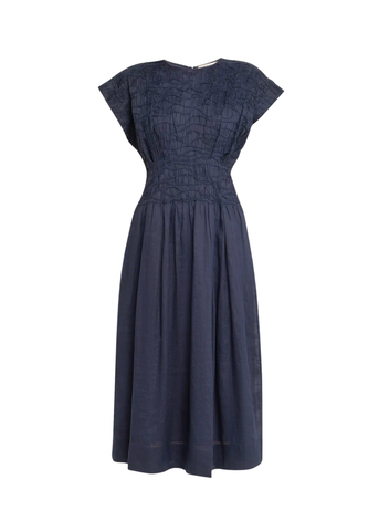 Imogen Cotton Corded Ramie Short Sleeve Midi Dress in Navy
