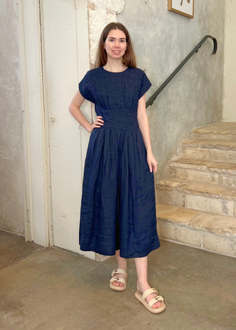 Imogen Cotton Corded Ramie Short Sleeve Midi Dress in Navy