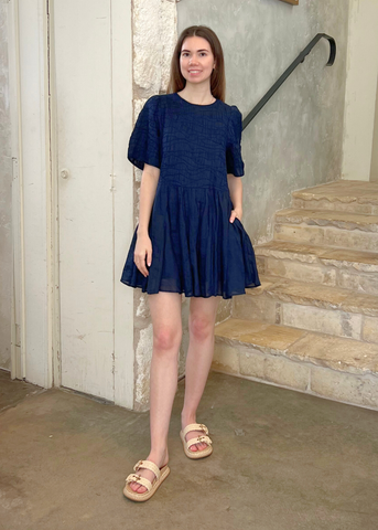 Imogen Cotton Corded Ramie Short Sleeve Dress in Navy