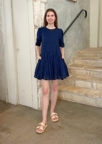 Imogen Cotton Corded Ramie Short Sleeve Dress in Navy