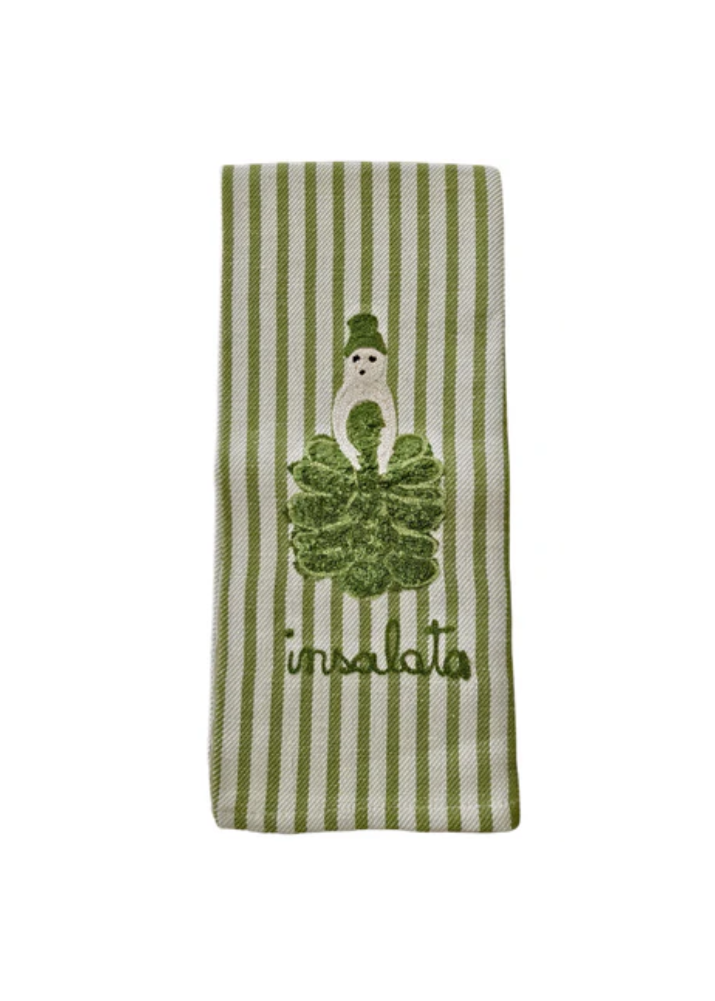 Melograno Salad Lady Emroidered Kitchen Towel in Green Stripe