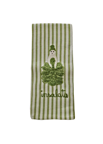 Melograno Salad Lady Emroidered Kitchen Towel in Green Stripe