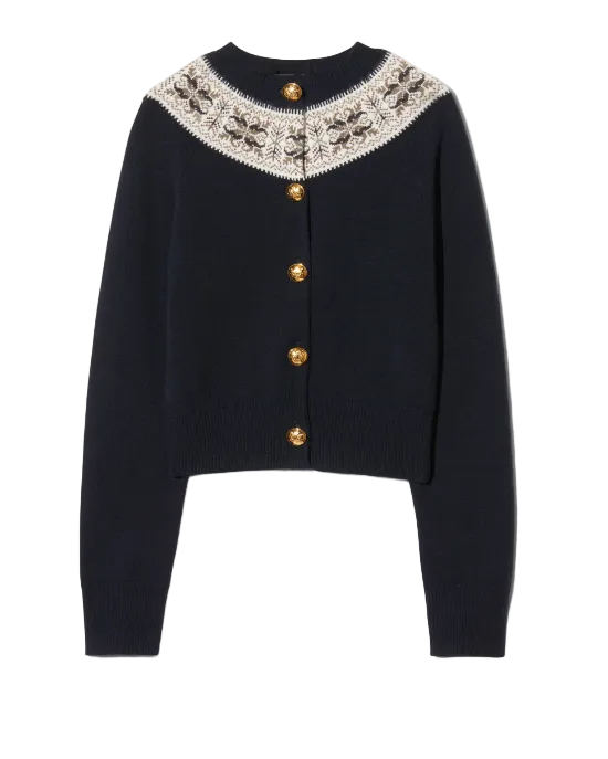 Josefa Gold button Cashmere Fair Isle Cardigan In Dark Navy