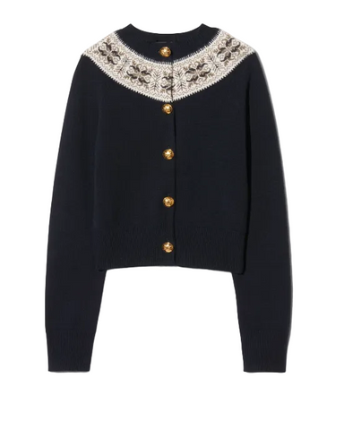 Josefa Gold button Cashmere Fair Isle Cardigan In Dark Navy