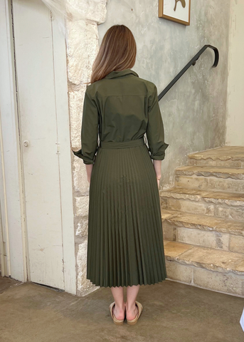 Kenza Long Sleeve Belted Pleated Shirt Dress in Fatigue
