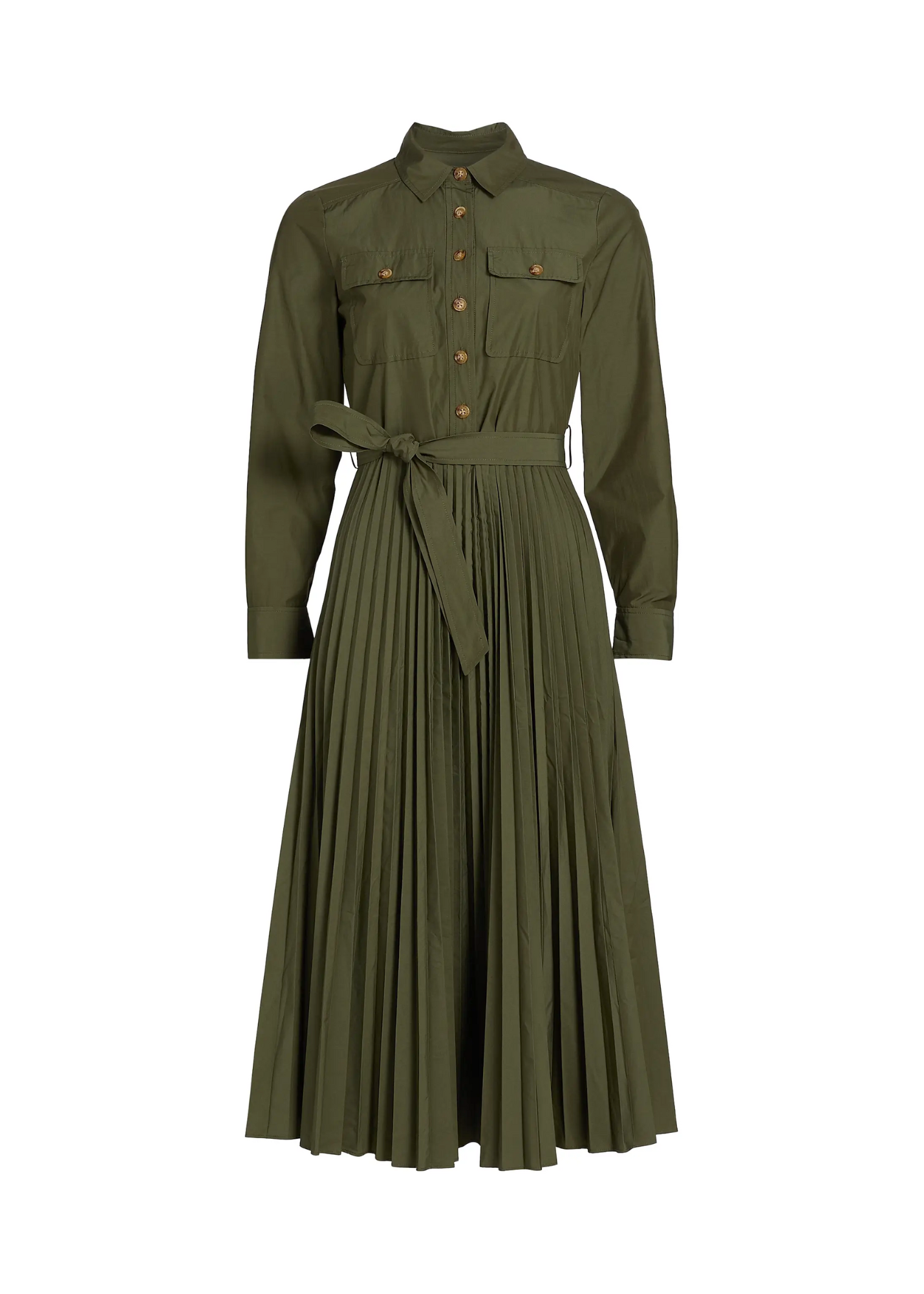 Kenza Long Sleeve Belted Pleated Shirt Dress in Fatigue