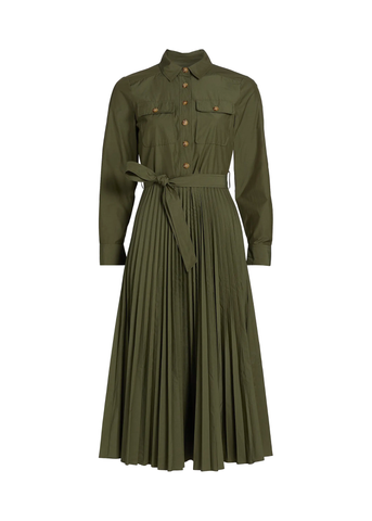 Kenza Long Sleeve Belted Pleated Shirt Dress in Fatigue
