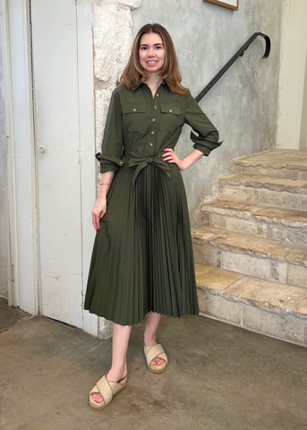 Kenza Long Sleeve Belted Pleated Shirt Dress in Fatigue