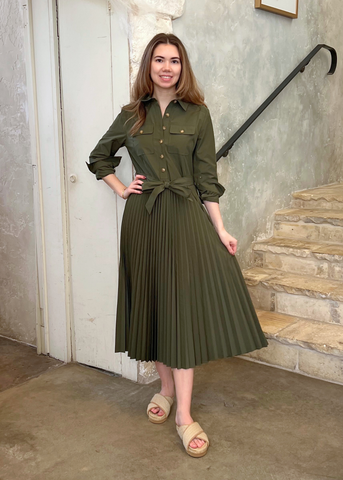 Kenza Long Sleeve Belted Pleated Shirt Dress in Fatigue