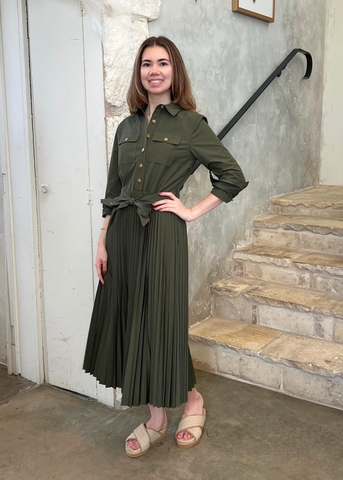 Kenza Long Sleeve Belted Pleated Shirt Dress in Fatigue