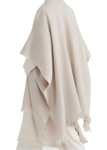 Wool Blend Fringed Open-Weave Knit Kimono Style Cape in Barley