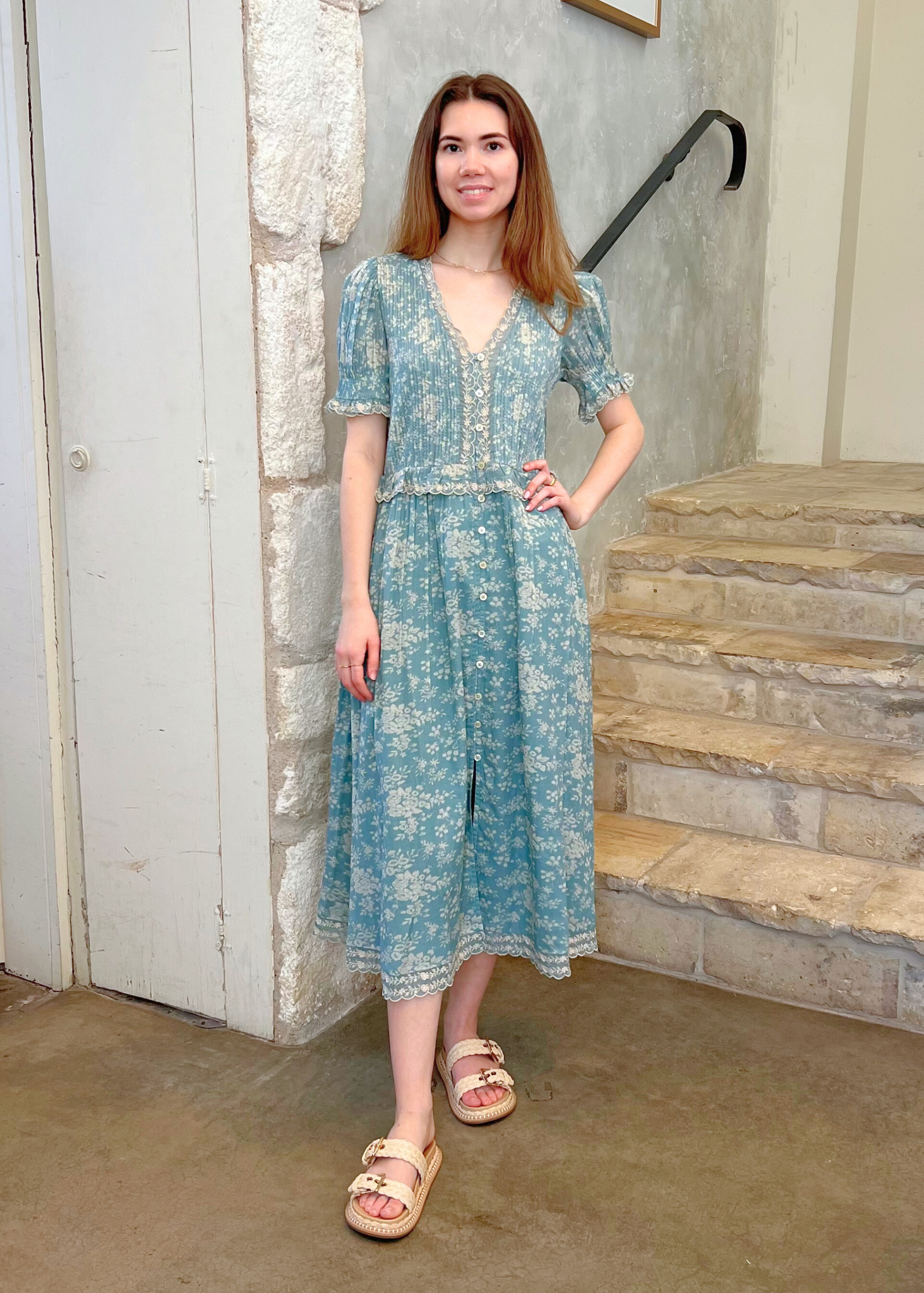 Kirsten Flower Print Short Sleeve Midi Dress in Sky | European dcor for the modern household Kirsten Flower Print Short Sleeve Midi Dress in Sky | European dcor for the modern household
