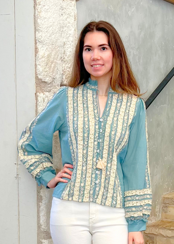 Kirsten Embroidered Lace Stripe Long Sleeve Top in Sky